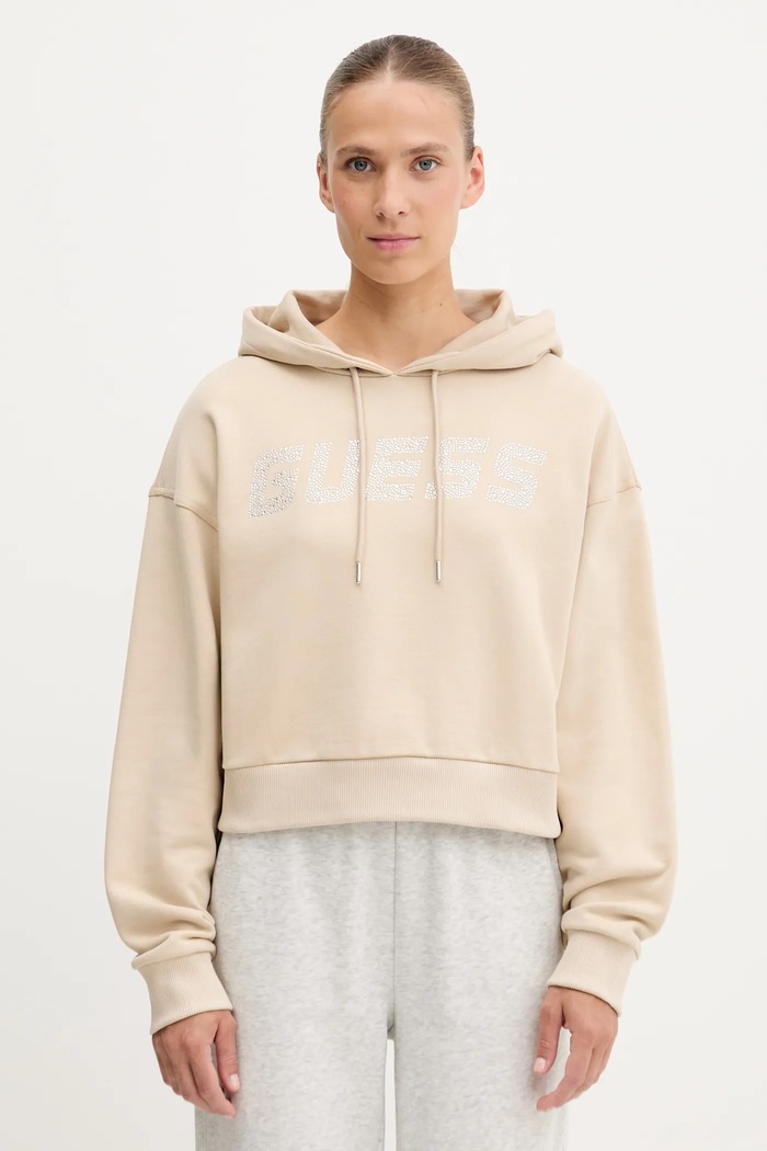 Βαμβακερή μπλούζα Guess PRIMULA με κουκούλα μπεζ V5GQ09.KCRP0