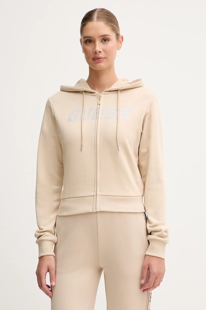 Βαμβακερή μπλούζα Guess PRIMULA με κουκούλα μπεζ V5GQ10.KCRP0