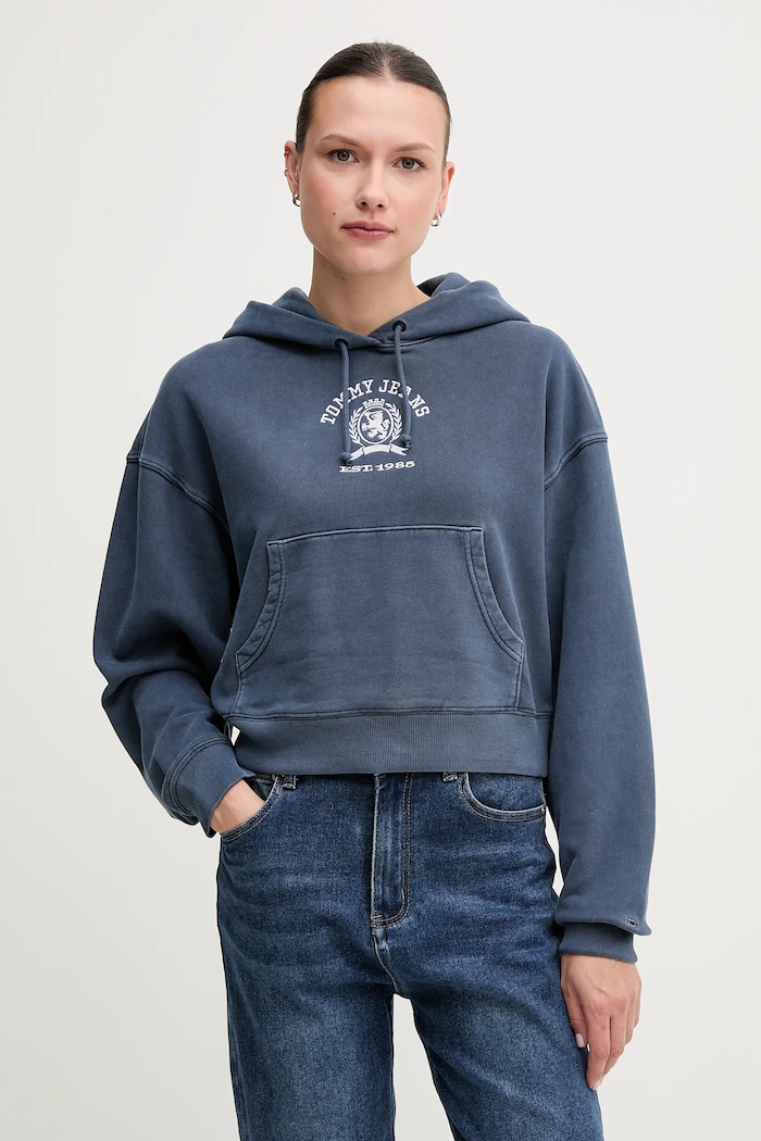 Pamučna dukserica Tommy Jeans natpis plava DW0DW20311