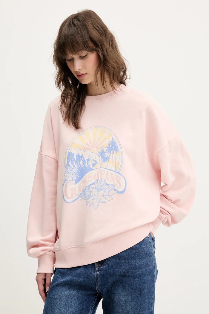 Bavlněná mikina Guess Jeans bez kapuce růžová W5GQ16.K68I4