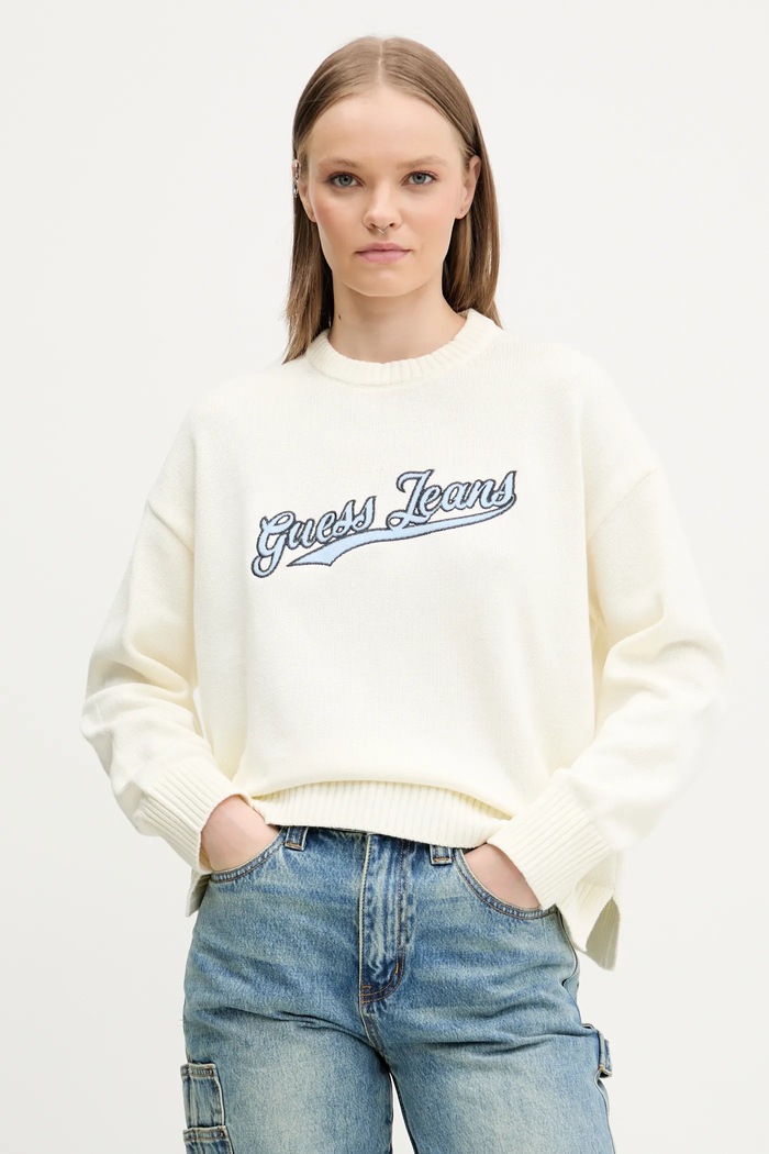 Bavlněný svetr Guess Jeans kulatý béžová W5GR00.Z3HM1