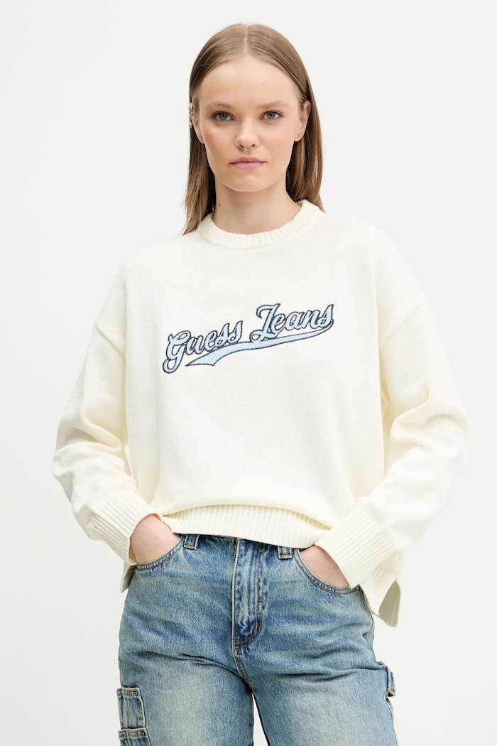 Bavlněný svetr Guess Jeans kulatý béžová W5GR00.Z3HM1