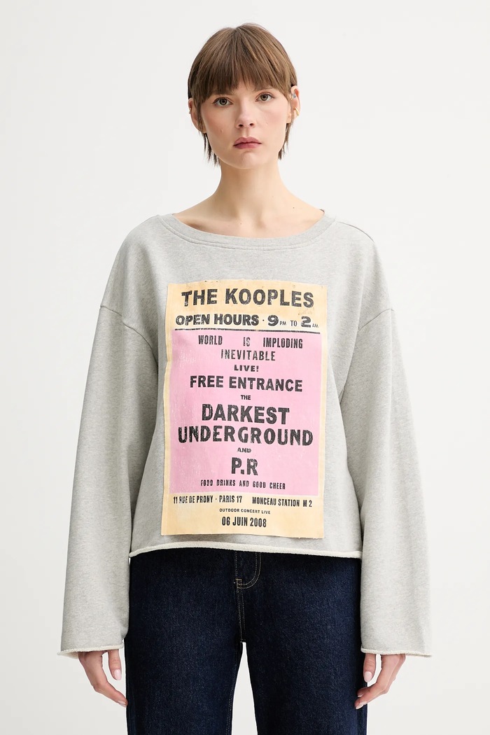 Bombažen pulover The Kooples Potisk siva FSWE30013K