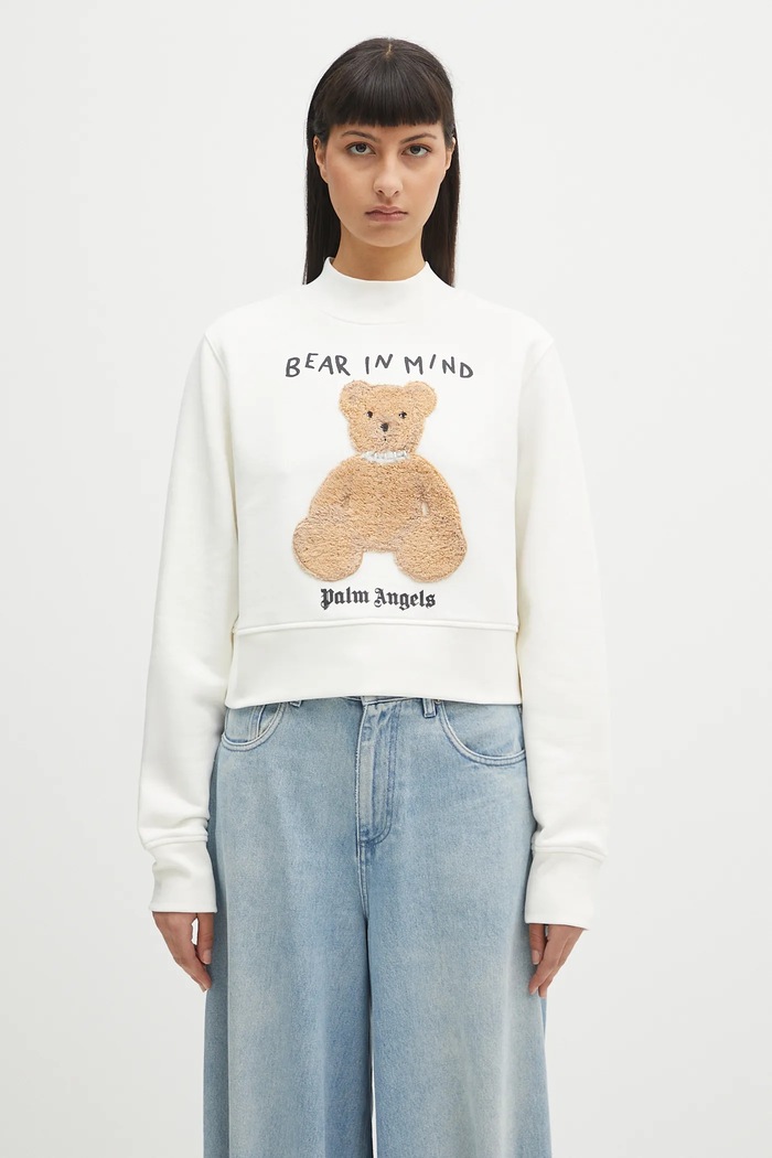 Βαμβακερή μπλούζα Palm Angels Bear In Mind Crew απλικέ λευκό PWBA016S25FLE0030360