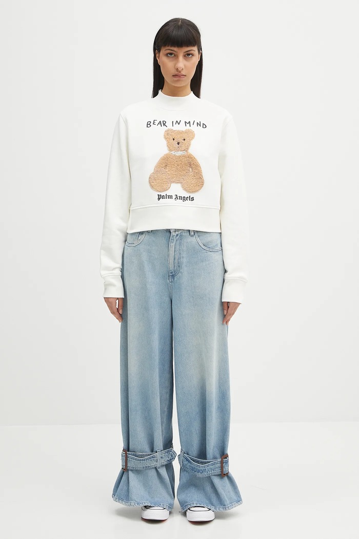 Βαμβακερή μπλούζα Palm Angels Bear In Mind Crew PWBA016S25FLE0030360 λευκό
