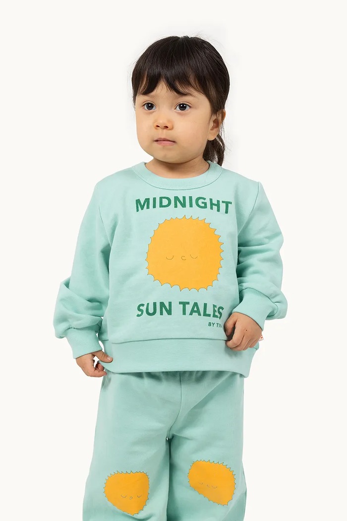 Dětská bavlněná mikina Tinycottons SUN TALES GRAPHIC BABY SWEATSHIRT bez kapuce zelená SS25.105