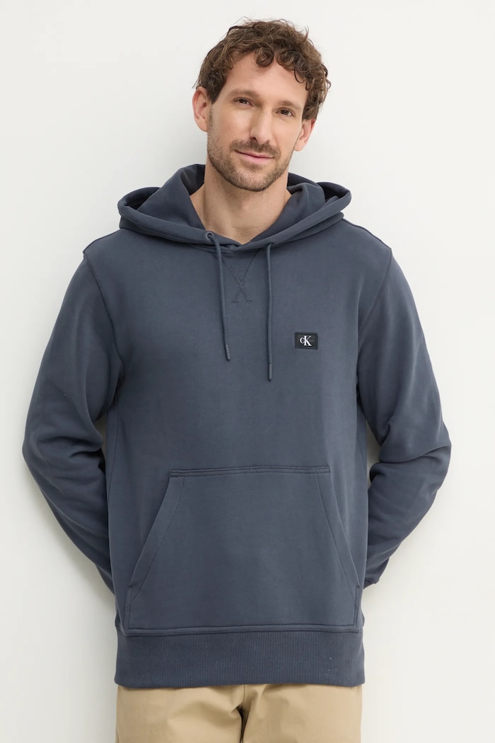 Bavlněná mikina Calvin Klein Jeans s kapucí modrá J30J327113