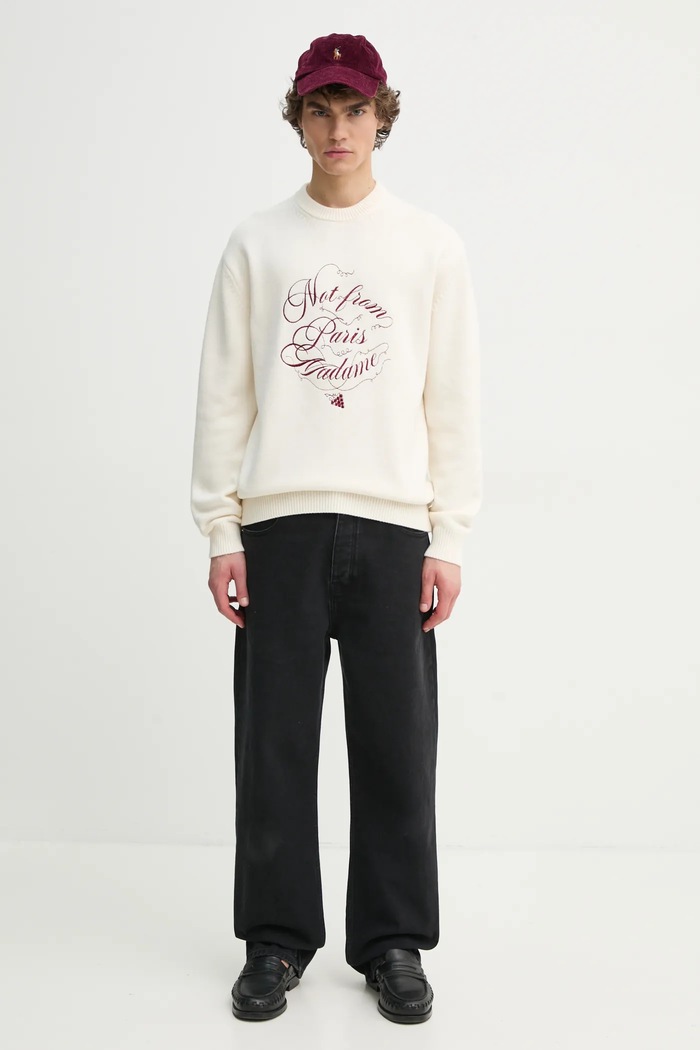 Vlněný svetr Drôle de Monsieur Le Pull Slogan Vignes F.PO178.WO023.CM béžová SS25