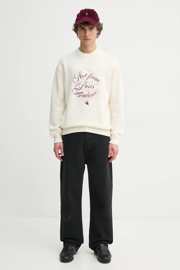 Vlněný svetr Drôle de Monsieur Le Pull Slogan Vignes F.PO178.WO023.CM béžová SS25