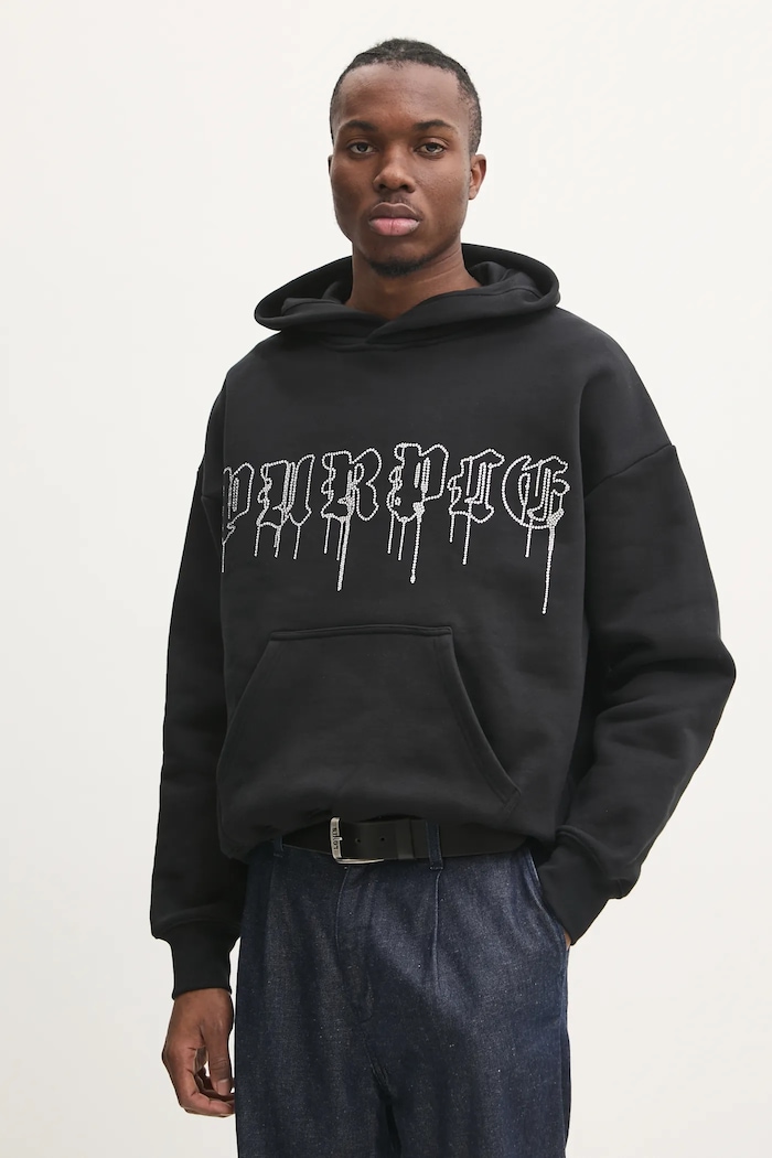 PURPLE BRAND hanorac de bumbac HWT FLEECE PO HOODY imprimeu negru P401.HBGD125