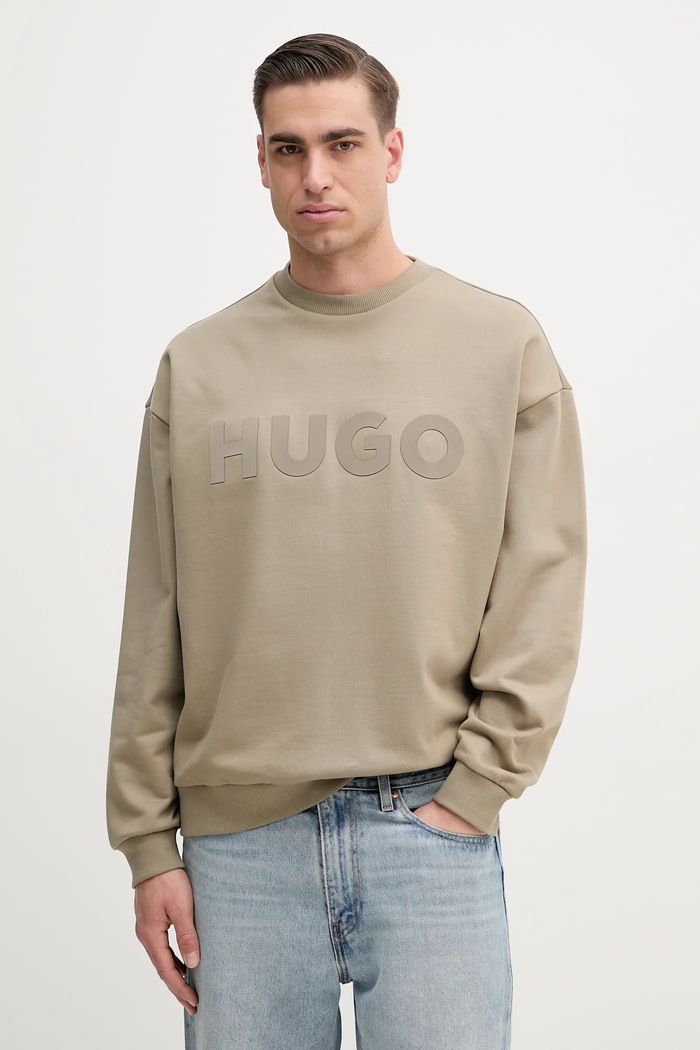 HUGO bluza bawełniana Dinex nadruk beżowy 50538778