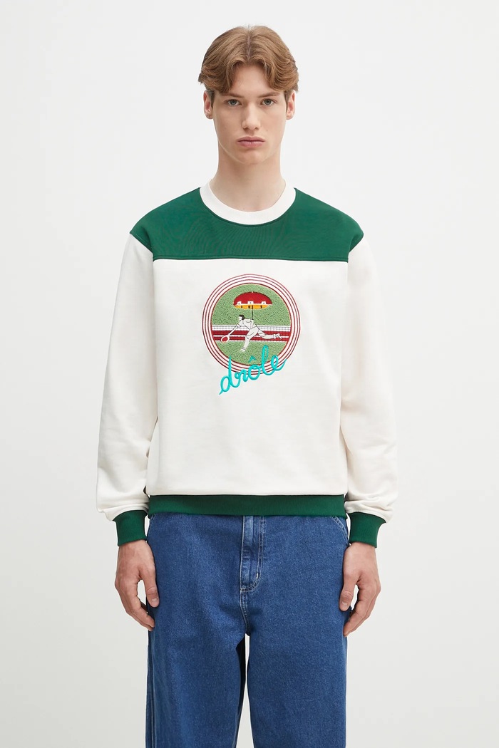 Bombažen pulover Drôle de Monsieur Le Sweatshirt Tennis Brez kapuce bela G.SW158.CO200.OW