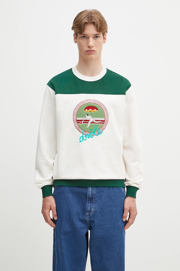 Bombažen pulover Drôle de Monsieur Le Sweatshirt Tennis Brez kapuce bela G.SW158.CO200.OW