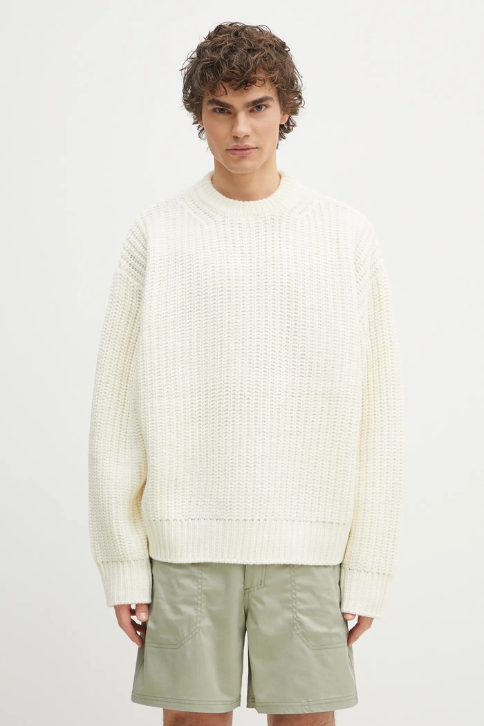 MKI MIYUKI ZOKU sweter z domieszką wełny Chunky Rib Knit Crewneck okrągły beżowy CHUNKY.RIB.KNIT.CREWNE.