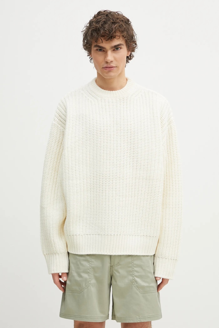 MKI MIYUKI ZOKU sweter z domieszką wełny Chunky Rib Knit Crewneck okrągły beżowy CHUNKY.RIB.KNIT.CREWNE.