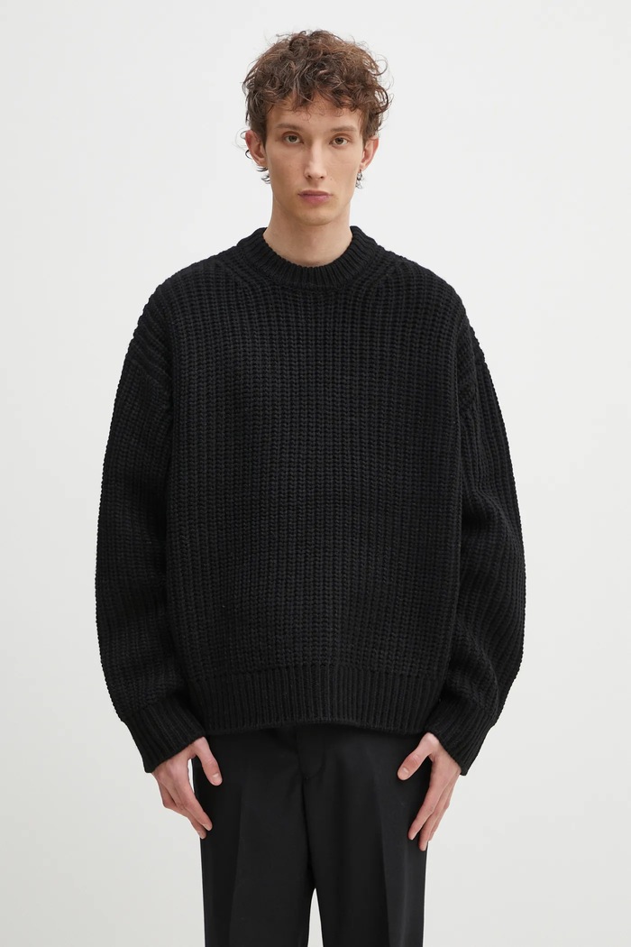 Svetr z vlněné směsi MKI MIYUKI ZOKU Chunky Rib Knit Crewneck kulatý černá CHUNKY.RIB.KNIT.CRE.BL