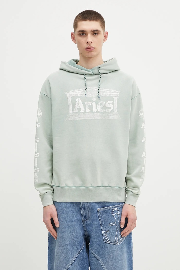 Памучен суичър Aries Aged Ancient Column Hoodie надпис тюркоазен AR2003503
