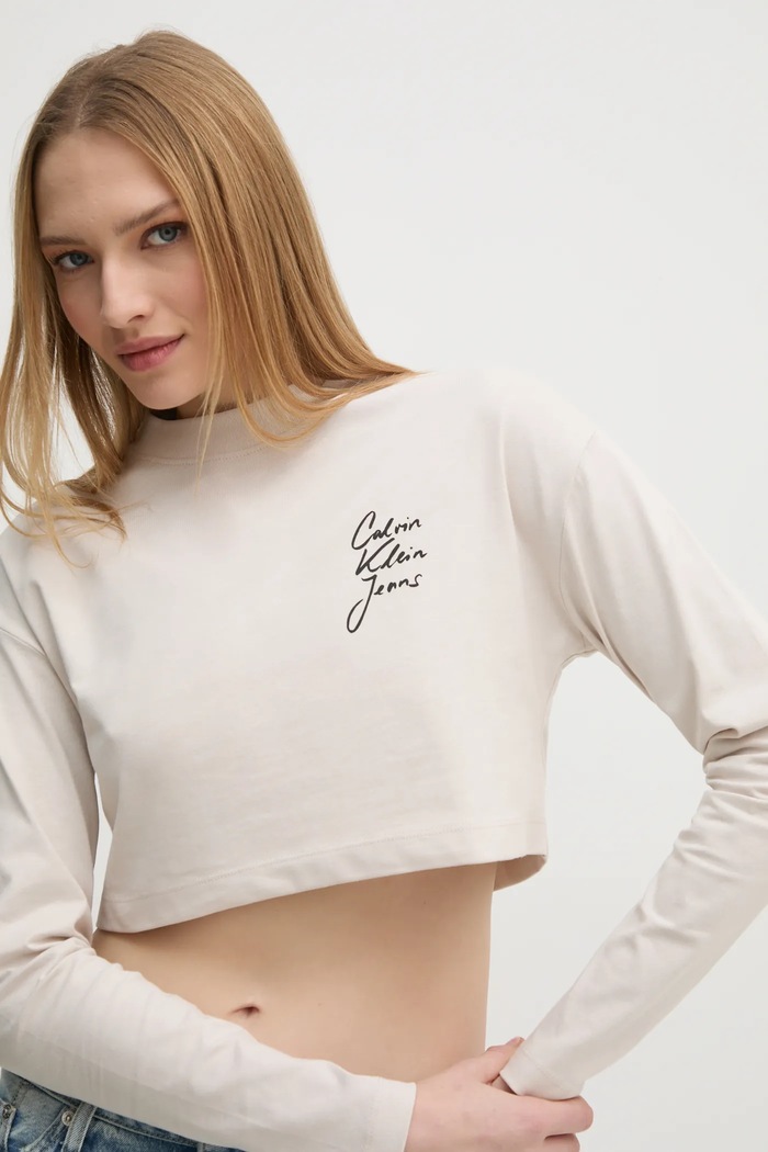 Bavlnené tričko s dlhým rukávom Calvin Klein Jeans potlač béžová J20J224991