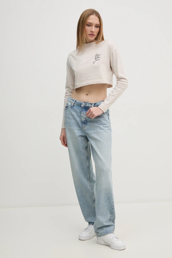 Bavlnené tričko s dlhým rukávom Calvin Klein Jeans J20J224991 béžová SS25