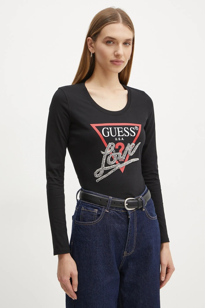 Tričko s dlouhým rukávem Guess slim černá W5RI64.I3Z14