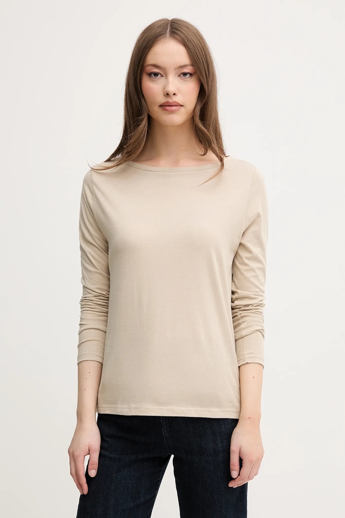 Bavlněné tričko s dlouhým rukávem United Colors of Benetton kulatý béžová 3096D109E