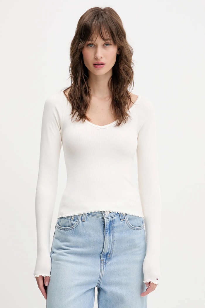Блуза с дълги ръкави Tommy Jeans вталена бежов DW0DW20236