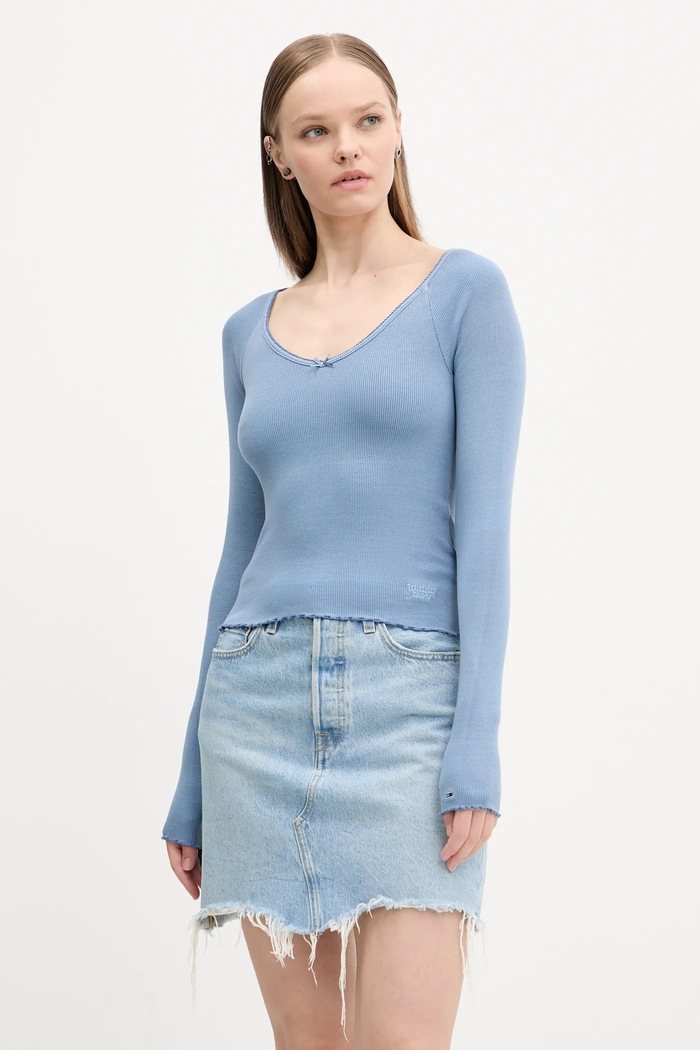 Tommy Jeans longsleeve forma V albastru DW0DW20236