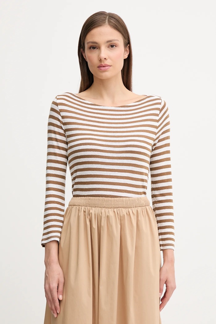 United Colors of Benetton longsleeve z domieszką lnu regular brązowy 38O0D109X