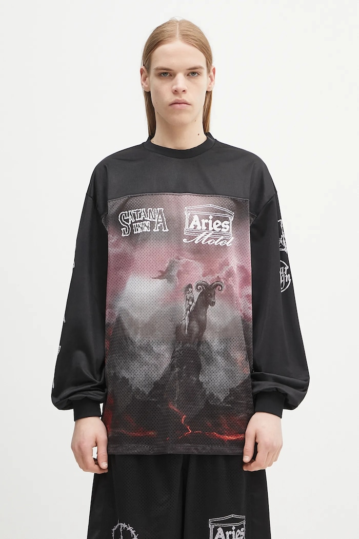 Majica dugih rukava Aries Ramscape Airtex LS Tee relaxed crna AR4005003