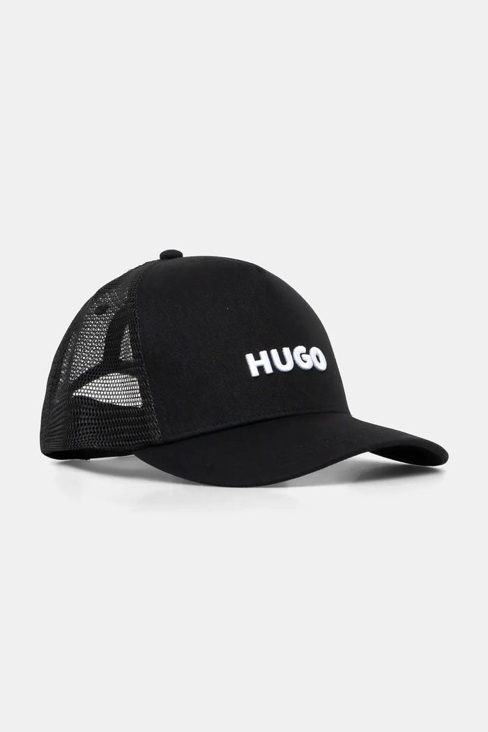 HUGO czapka z daszkiem męska z bawełną Marsel-Trucker aplikacja czarny 50535942