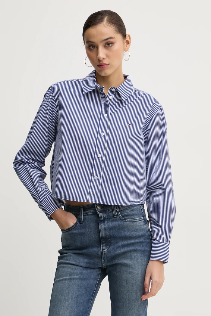 Bavlněná košile Tommy Jeans dlouhý námořnická modř DW0DW19354