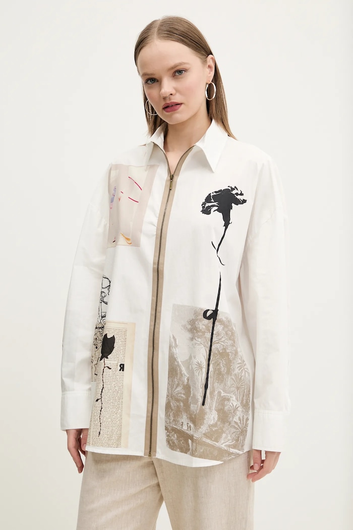 Desigual camasa din bumbac RECORTES LACROIX lung alb 25SWCW23
