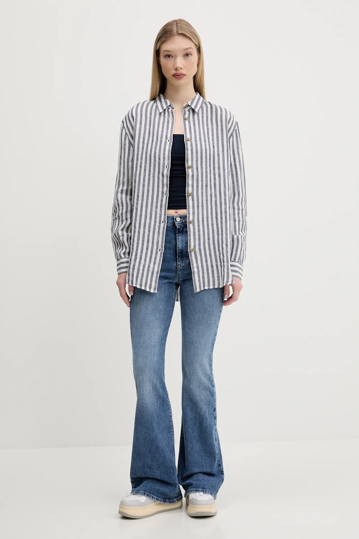 Ľanová košeľa Superdry W4010463A.K55 tmavomodrá SS25