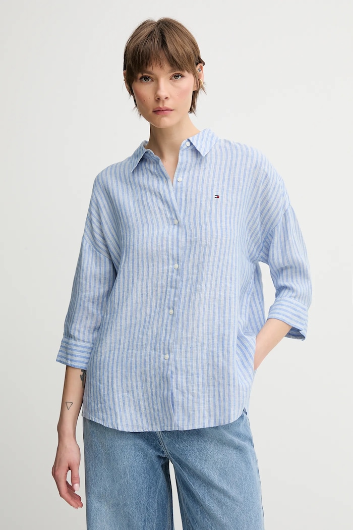 Tommy Hilfiger koszula lniana klasyczny niebieski WW0WW46169