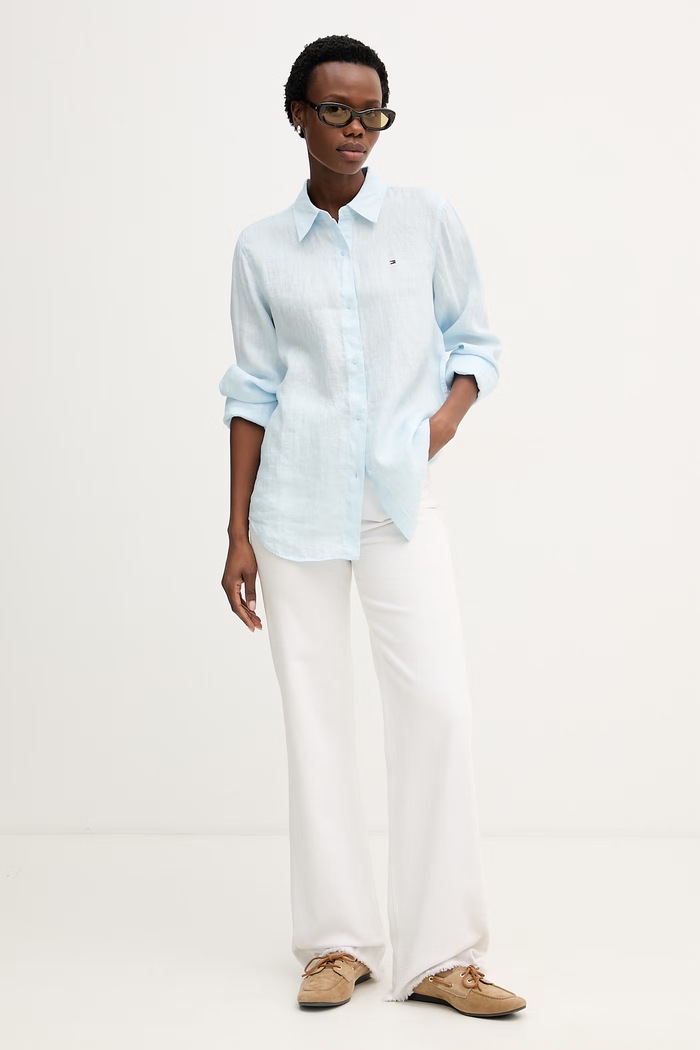 Tommy Hilfiger košeľa dámska ľanová WW0WW44679 modrá SS26