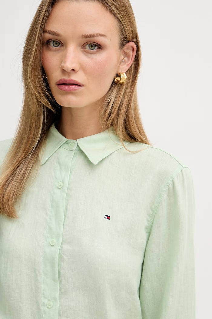 Tommy Hilfiger košeľa dámska ľanová zelená WW0WW44679