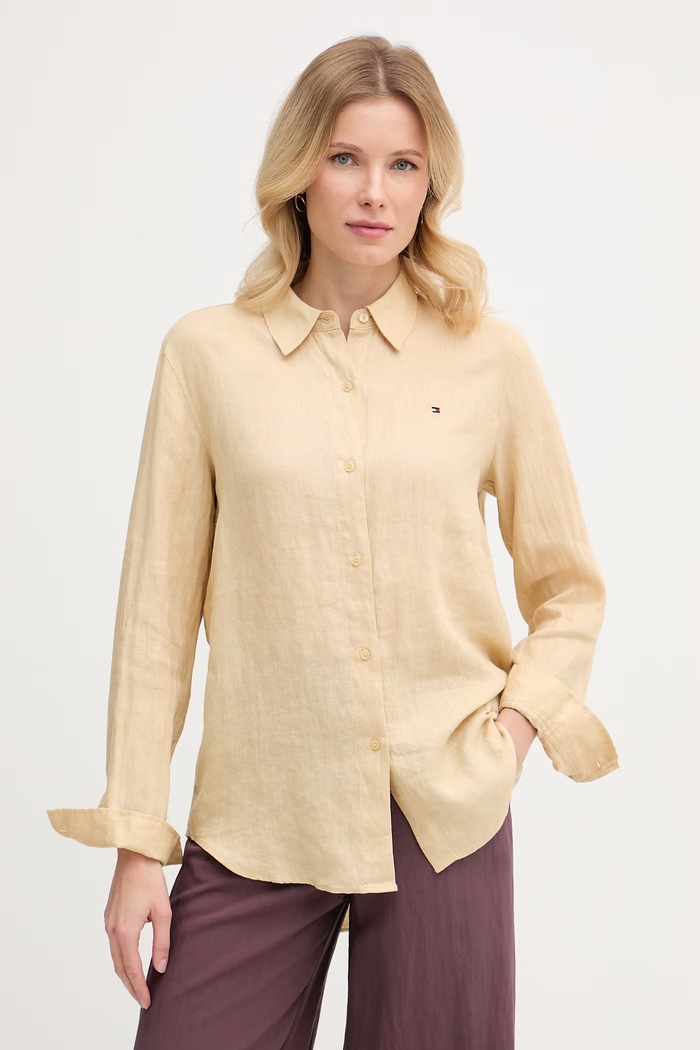 Tommy Hilfiger košeľa dámska ľanová béžová WW0WW44679