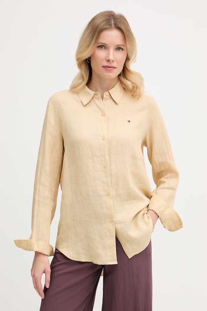 Tommy Hilfiger košeľa dámska ľanová béžová WW0WW44679