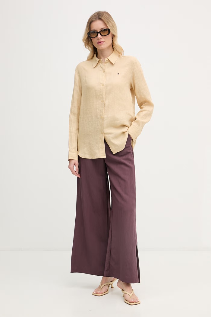 Tommy Hilfiger košeľa dámska ľanová WW0WW44679 béžová SS26