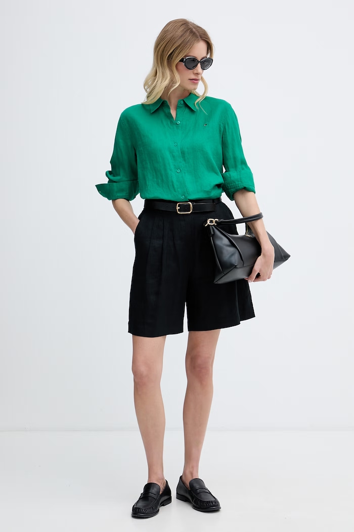 Tommy Hilfiger košeľa dámska ľanová WW0WW44679 zelená SS26