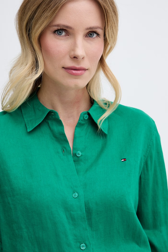 Tommy Hilfiger košeľa dámska ľanová zelená WW0WW44679