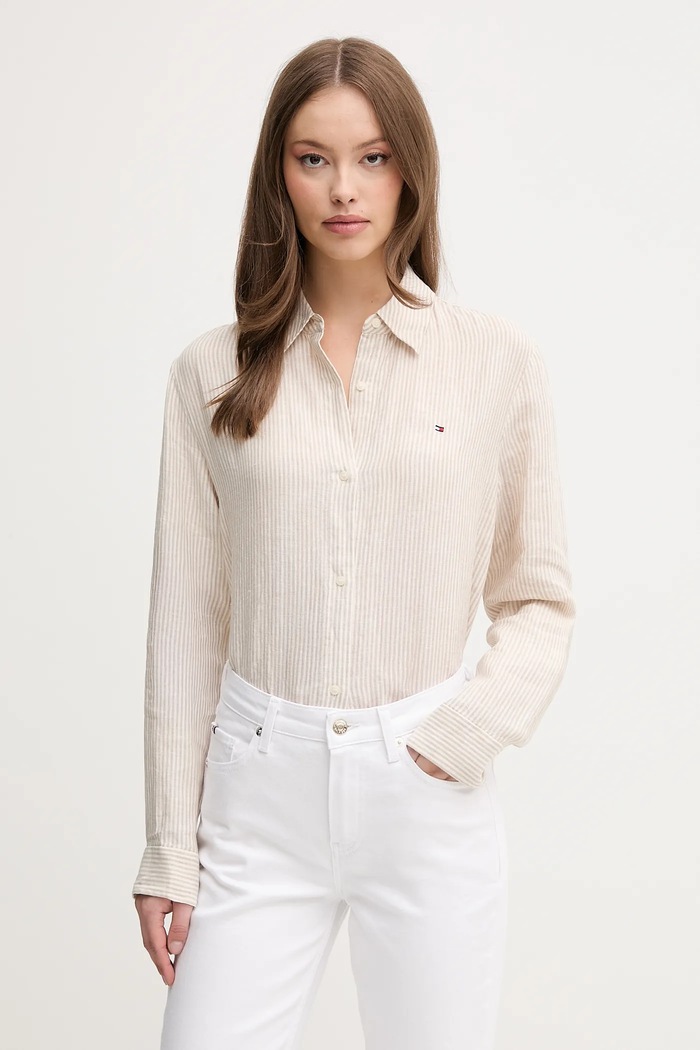 Tommy Hilfiger koszula damska lniana casual beżowy WW0WW44679