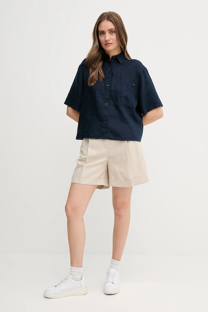 Ľanová košeľa Tommy Hilfiger WW0WW44720 tmavomodrá SS25
