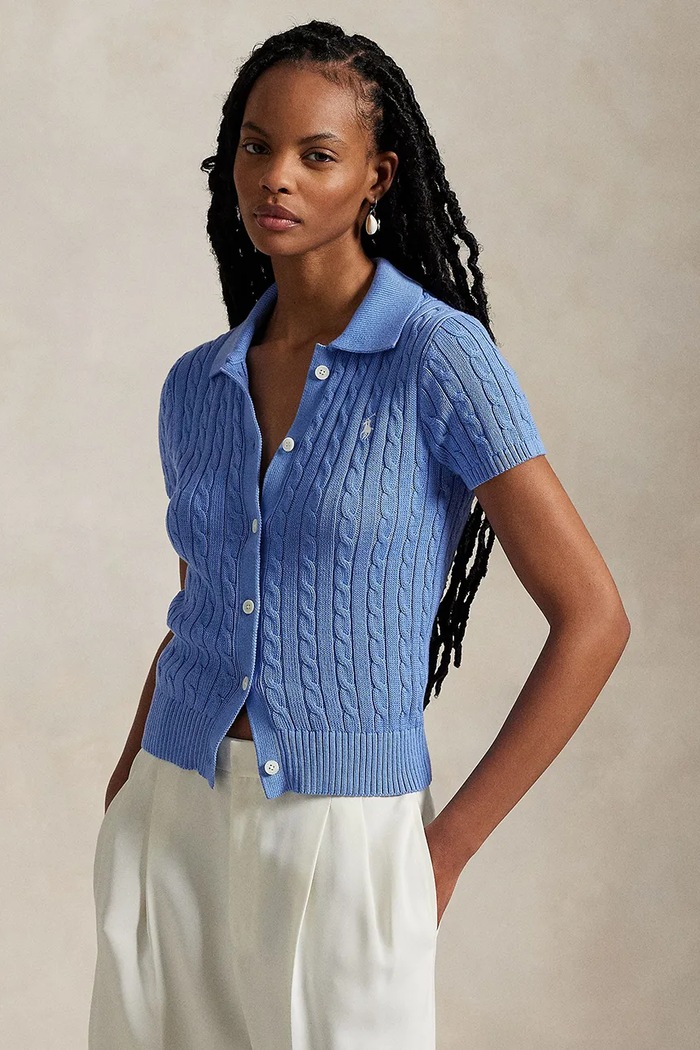 Polo Ralph Lauren Sweter z krótkim rękawem damski bawełniany niebieski 211963486