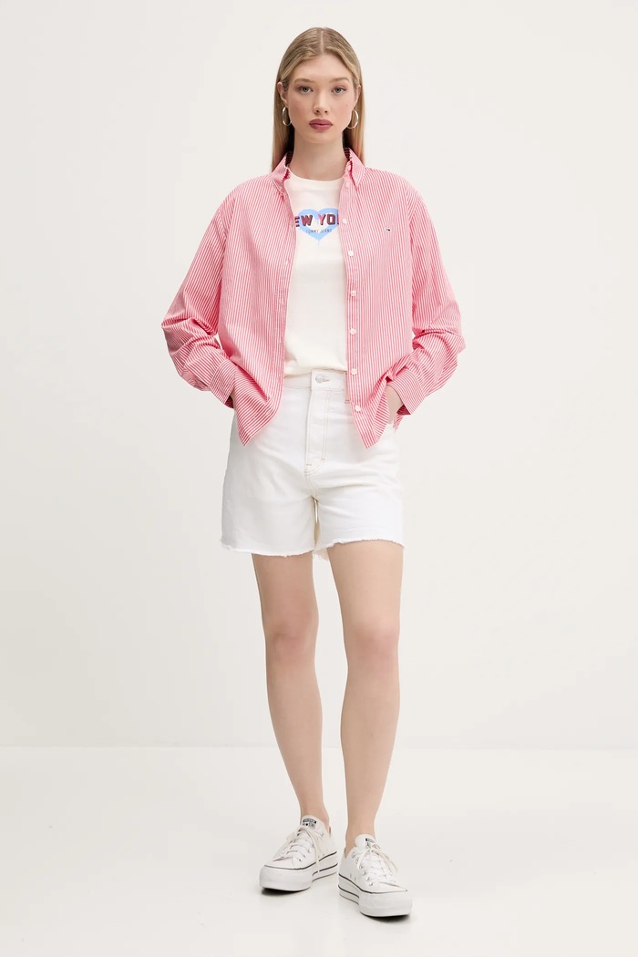Pamučna košulja Tommy Jeans DW0DW20290 roza SS25