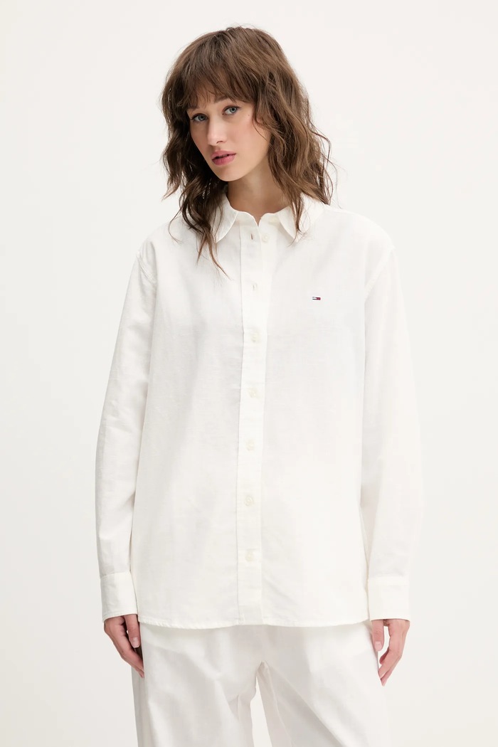 Košeľa s prímesou ľanu Tommy Jeans jednofarebný béžová DW0DW20292