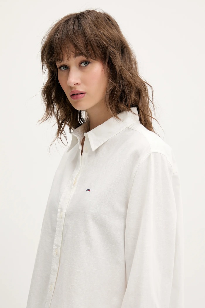 Košeľa s prímesou ľanu Tommy Jeans béžová DW0DW20292