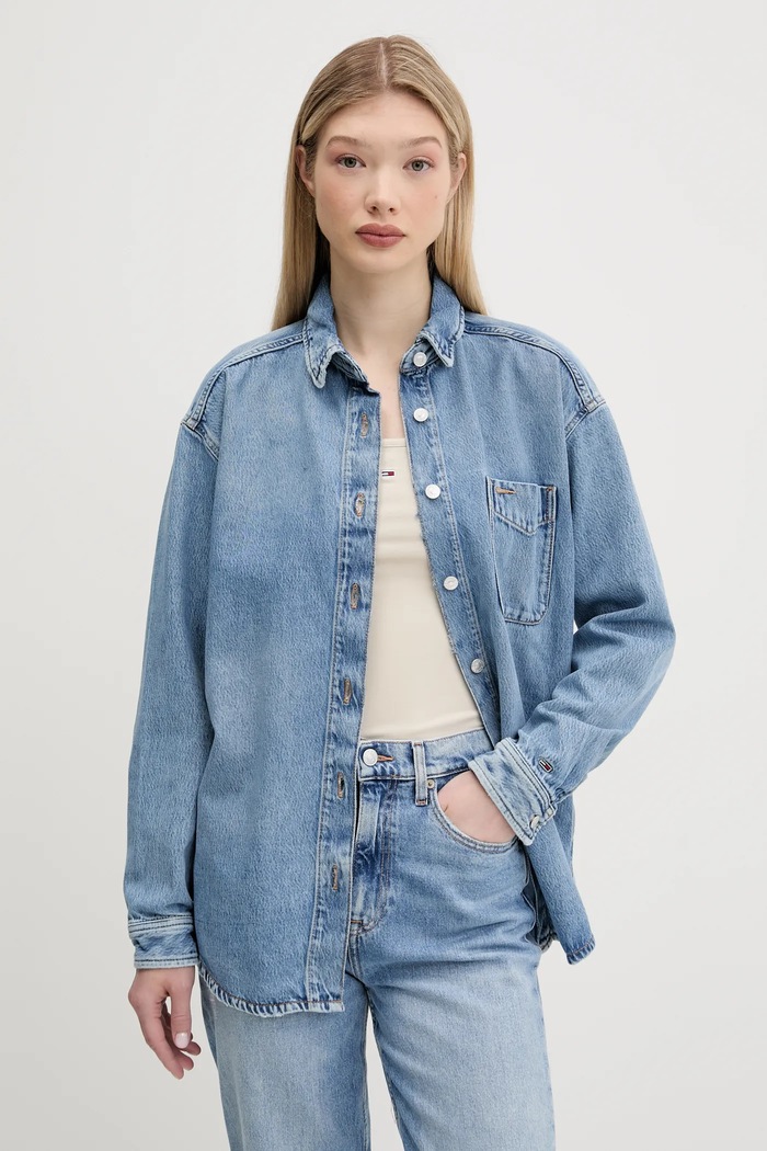 Tommy Jeans cămașă din denim lung albastru DW0DW20365