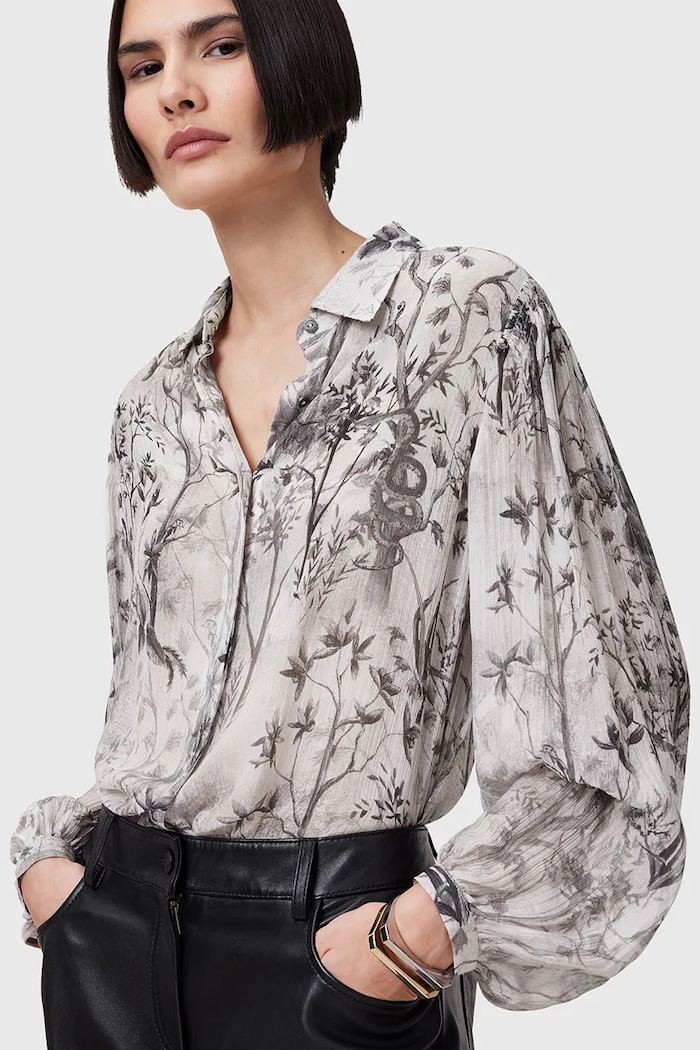 AllSaints Koszula z domieszką jedwabiu EDDIE W044PC szary SS25
