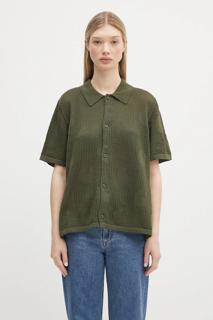 Carhartt WIP koszula bawełniana W’ S/S Temple Knit Shirt gładkie zielony I034541.667XX